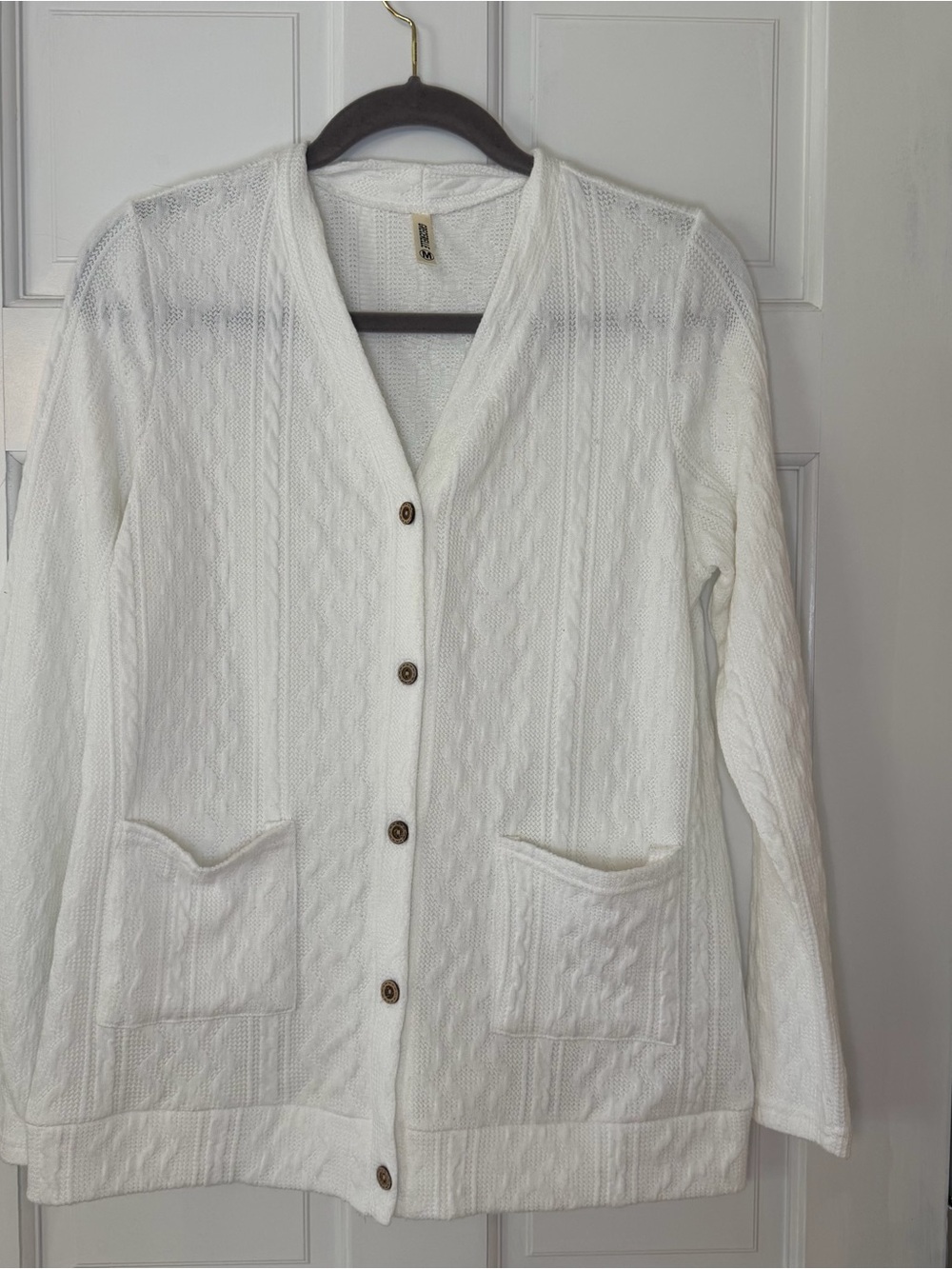 Grecerelle Womens M White Cable Knit Cardigan Button Front Pockets Preppy